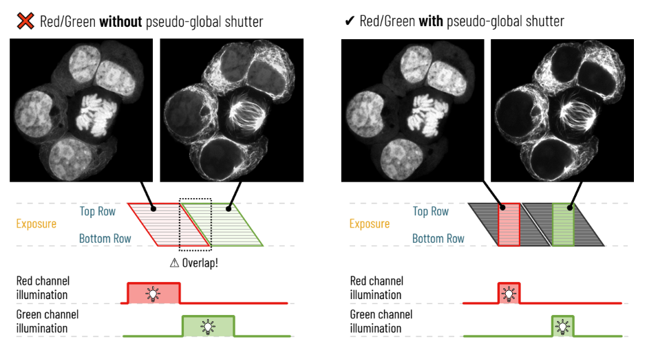 Use of pseudo-global shutter modes in multi-channel imaging